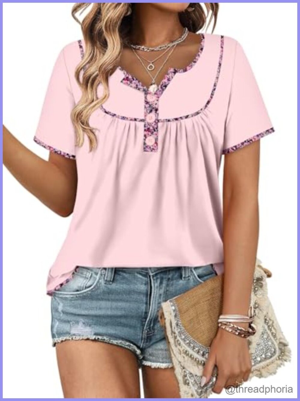 Womens Short Sleeve Tunic Top Henley V Neck Ruffle Hem Casual Summer Blouse